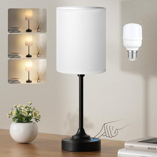 Touch Nightstand Bedroom Lamp - 3 Way Dimmable Bedside Lamp, Small Table Lamp Linen Lampshade for Office Desk, LED Bulb Included