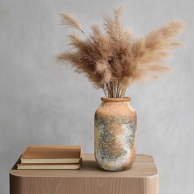 Rustic Ceramic Flower Vase, 9 Inch Terracotta Vase, Farmhouse Decor for Table Living Room Shelf Home Decor Gift Terra
