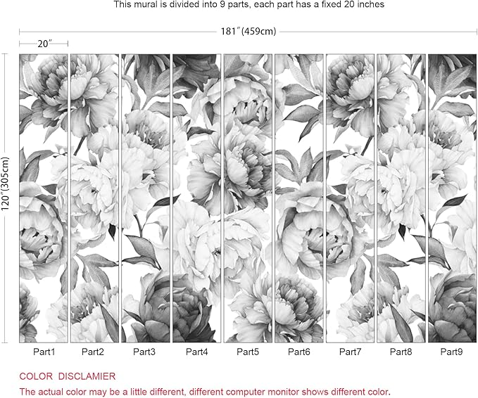 Gray Peonies Wallpaper Watercolor Floral Mural Wallpaper for Nursery(Not Peel n' Stick)