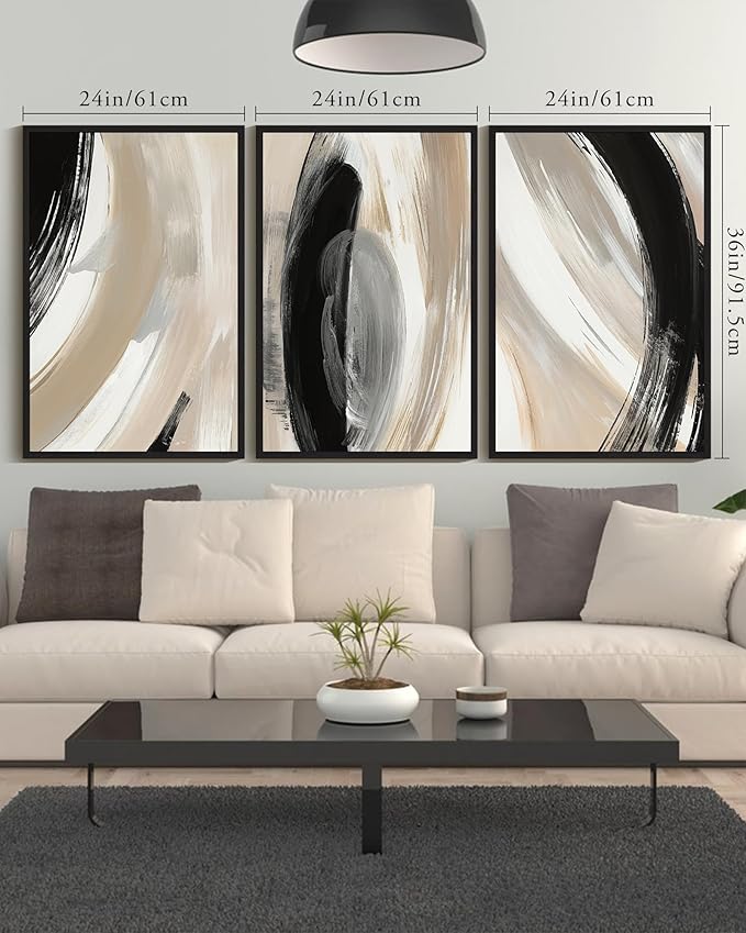 KUVIOKE Modern Abstract Framed Wall Art Black Neutral Minimalist Ink and Wash Graffiti Pastel Wall Decor for Bedroom Living Room 24x36in (Black Framed)