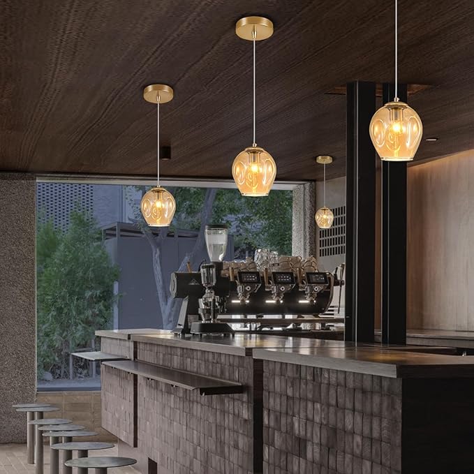 1-Light Hanging Light Fixtures Pendant Lights Kitchen Island Hand Blown Modern Glass Chandelier for Living Room Coffee Bar (Gold+Amber)