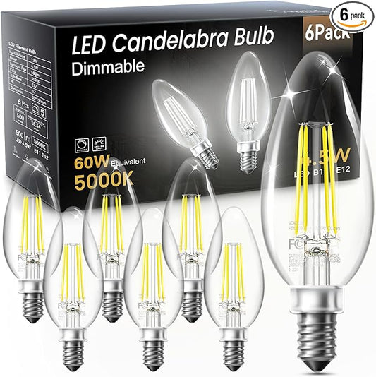 TJOY LED Candelabra Bulbs Dimmable, 60W Equivalent Chandelier Light Bulbs, E12 Small Base, 4.5W 5000K Daylight, B11 Vintage LED Filament Clear Glass Candle Light for Ceiling Fan, Chandeliers, 6 Pack