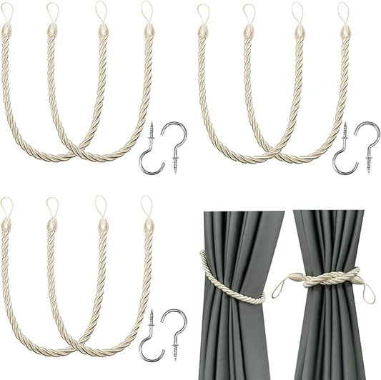 BEL AVENIR Curtain Ropes Tiebacks Tie-Backs, Curtain Handmade Holdbacks with 6 Metal Screw HooksBeige,6p
