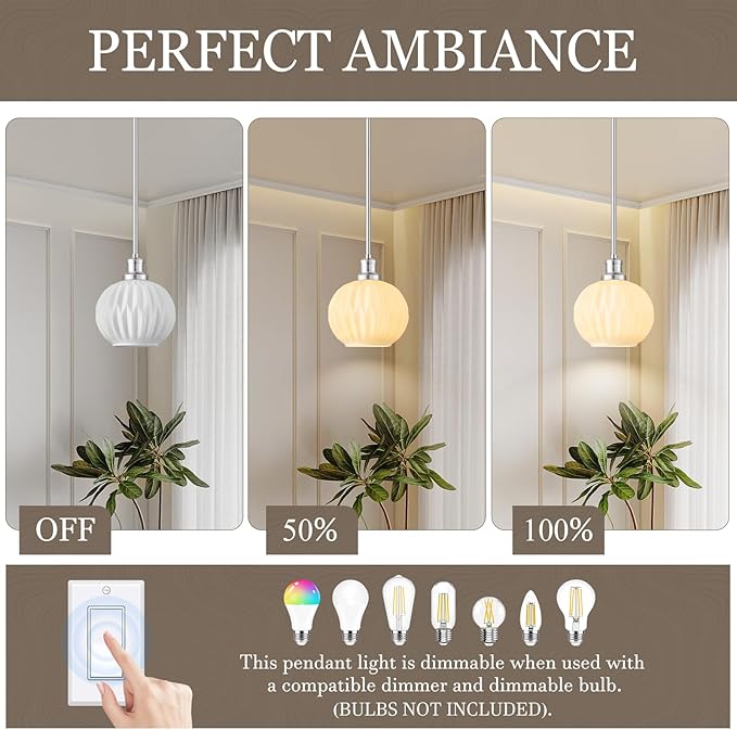 Milk Glass Pendant Lights Kitchen Island, 1-Light 7.1" Brushed Nickel Modern Pendant Light Fixtures with Rods, Globe Hanging Lighting for Kitchen Sink Bathroom Dining Room, E26 Base
