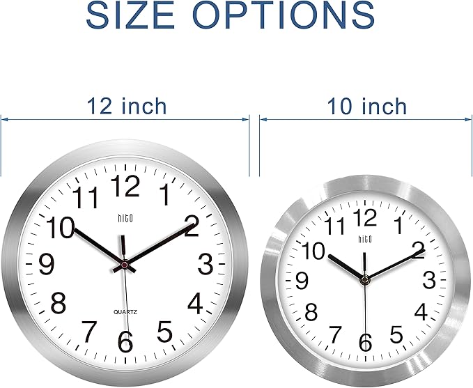 HITO 12 Inch Silent Wall Clock Battery Operated Non Ticking Glass Cover Silver Aluminum Frame, for Kitchen, Bedroom, Home Office, Living Room Decor