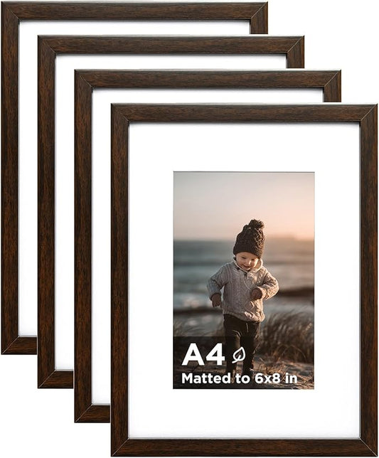 KINLINK A4 Frame Set of 4, Wooden 8.3 x 11.7 Frame with Plexiglass for A5 Picture with Mat or A4 Without Mat, for Wall and Tabletop Display Diploma Certificate Degree, a4 Picture Frames Brown