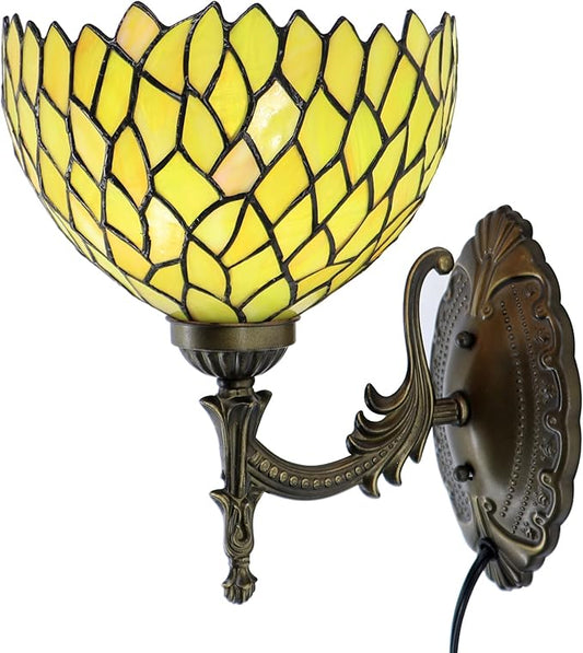 Tiffany Sconce Lamp Stained Glass Wall Lamp,8X10.5X11 Inch Plug in Wall Bedside Light for Hallway Bedroom (Yellow Wisteria)