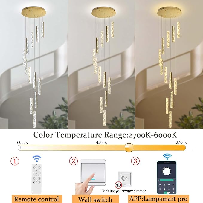 IDEQU Modern LED 120inch Long Spiral Staircase Crystal Chandelier High Ceiling Chandelier Lighting for Foyer Hallway 12-Light Gold Dimmable 2700K-6000K