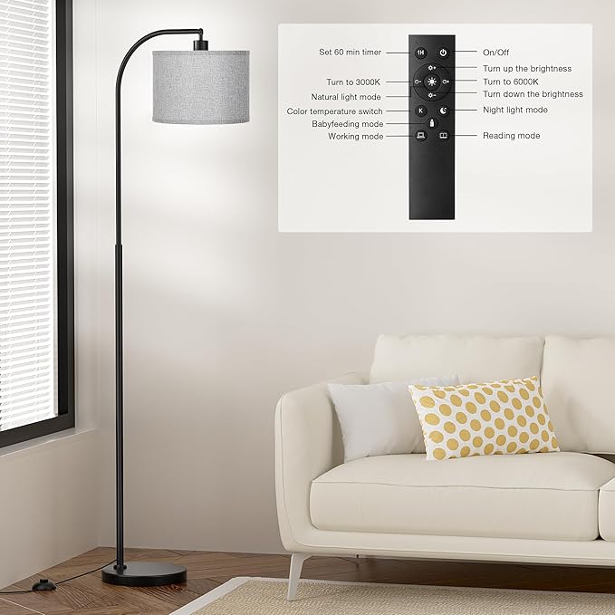 Arc Floor Lamp with Remote and Stepless Dimmable Bulb, Colors Temperature & Brightness Adjustable, Floor Lamps for Living Room（Grey Shade & Black Pole）