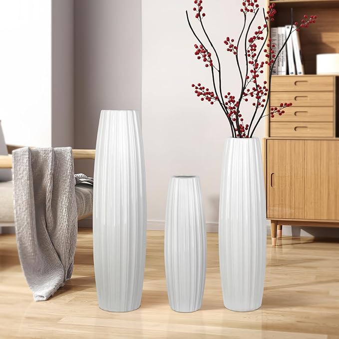 White Ceramic Vase, 17.7" Tall Floor Vase Large Flower Vases Decorative Vases for Modern Home Decor Living Room Office Bedroom Table Centerpieces Shelf Kitchen Wedding Farmhouse Décor