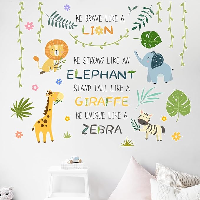 Cute Jungle Theme Wall Stickers Removable Animal Forest Wall Decals Elephant Monkey Lion Giraffe Zebra Peel and Stick Tropical Wall Art Decor for Nursery Bedroom Classroom (Green)