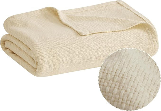 Madison Park Freshspun Basketweave Luxury Cotton Blanket Natural 108x90" King Size Basketweave Premium Soft Cozy 100% Cotton For Bed, Couch or Sofa