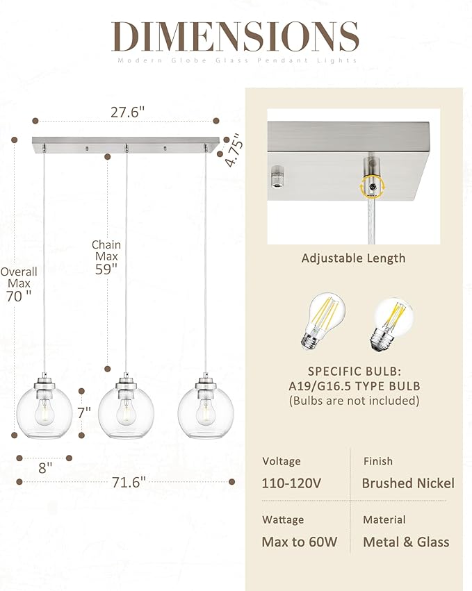 3-Light Globe Island Light, Linear Chandelier with Brushed Nickel Finish, Clear Glass Pendant Light Fixture for Dining Room Kitchen Island Living Room Pool Table, ZCPL101BN-3S