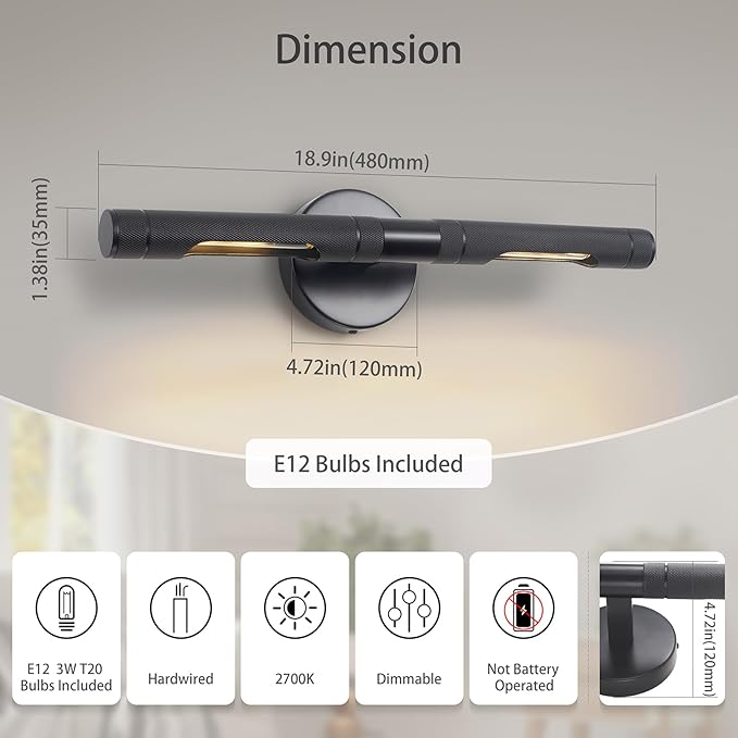 Knurled Black Picture Light for Wall,19 Inch Hardwired Wall Lights for Pictures,Rotatable 360° Modern Gallery Light for Living Room Bathroom Study Room E12 Bulbs Included (BLACK-19inch)
