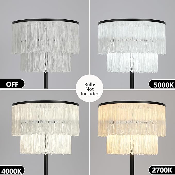 2 Light Black Boho Floor Lamp with 2-Tier Tassels/Fringe Lampshade,66" Tall Mid Century Standing Bedroom Lamp,Soft Lighting Nursery Floor Lamp for Bedroom Livingroom