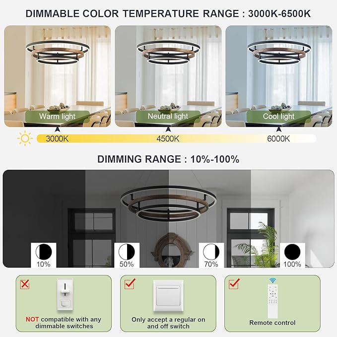 3 Rings Modern LED Chandelier Black Dimmable Circular Pendant Light for Dining Room, Foyer Chandelier with Remote Control Flush Mount High Ceiling Light for Kitchen Living Room, D30.7In