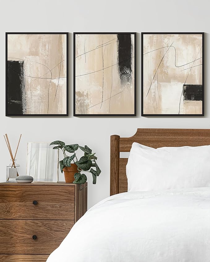 KUVIOKE Abstract Framed Wall Art Minimalist Beige Pastel Watercolor Neutral Wall Decor Modern Black Line Art Painting Home Decor 11x14in (Black Framed)
