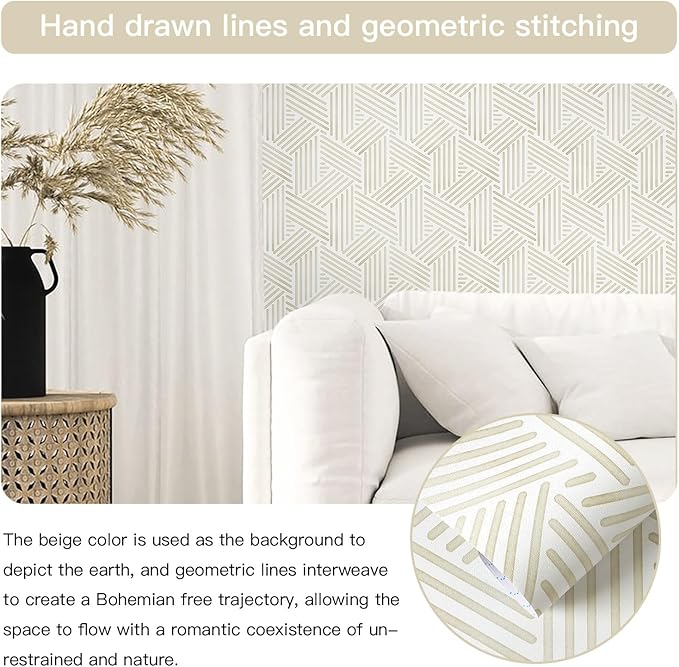 Ismoon 362"x17.3" Boho Wallpaper Modern Peel and Stick Wallpaper White Beige Geometric Contact Paper Neutral Line Removable Wall Paper Textured Hexagon Renter Friendly Kitchen Bathroom Vinyl Roll