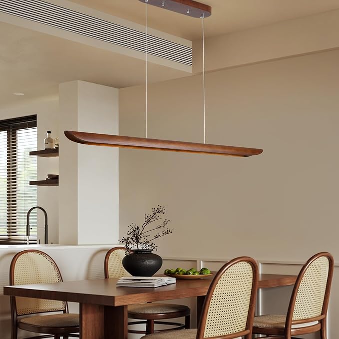 39" Wood Linear Pendant Light Modern Dimmable Kitchen Island Lighting with Remote 24W LED Island Lights Adjustable Linear Chandelier for Dinning Room Light Fixture, Bar, Pool Table Light Walnut Color