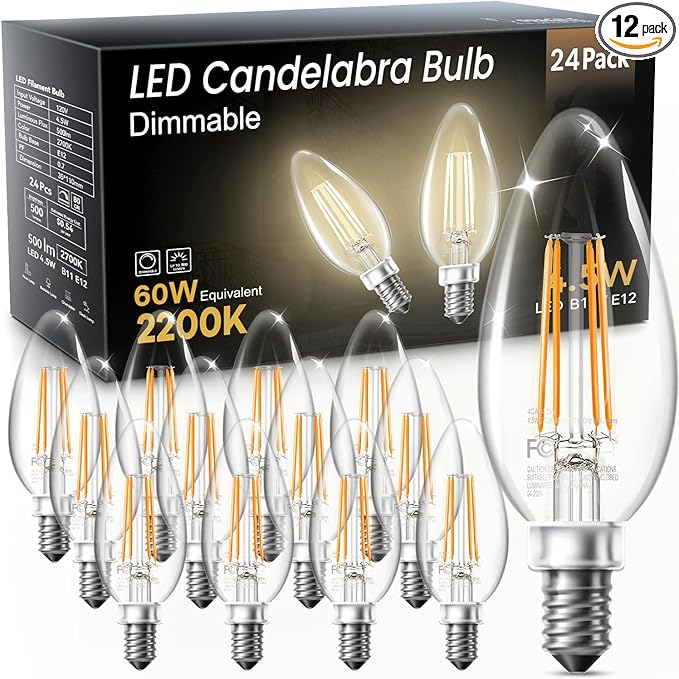 TJOY LED Candelabra Bulbs Dimmable, 60W Equivalent Chandelier Light Bulb, E12 Small Base, 4.5W 2200K Amber Warm White, B11 Vintage Filament Clear Glass Candle Light for Ceiling Fan Chandeliers, 12Pack