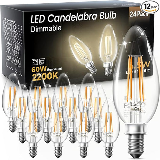 TJOY LED Candelabra Bulbs Dimmable, 60W Equivalent Chandelier Light Bulb, E12 Small Base, 4.5W 2200K Amber Warm White, B11 Vintage Filament Clear Glass Candle Light for Ceiling Fan Chandeliers, 12Pack