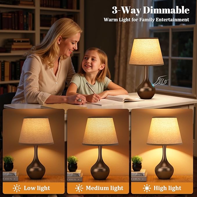 Seealle Touch Table Lamp for Bedroom, 3-Way Dimmable Small Bedside Lamps for Night Stands with Wires, Brown Desk Lamp for Kids Room, Office, Living Room, End Table(LED Bulb Included)