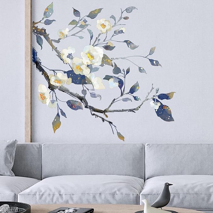 Camellia Flower Tree Wall Decals Living Room Floral Wall Stickers Removable Peel and Stick Waterproof Wall Art Decor Stickers for Bedroom Bathroom Office