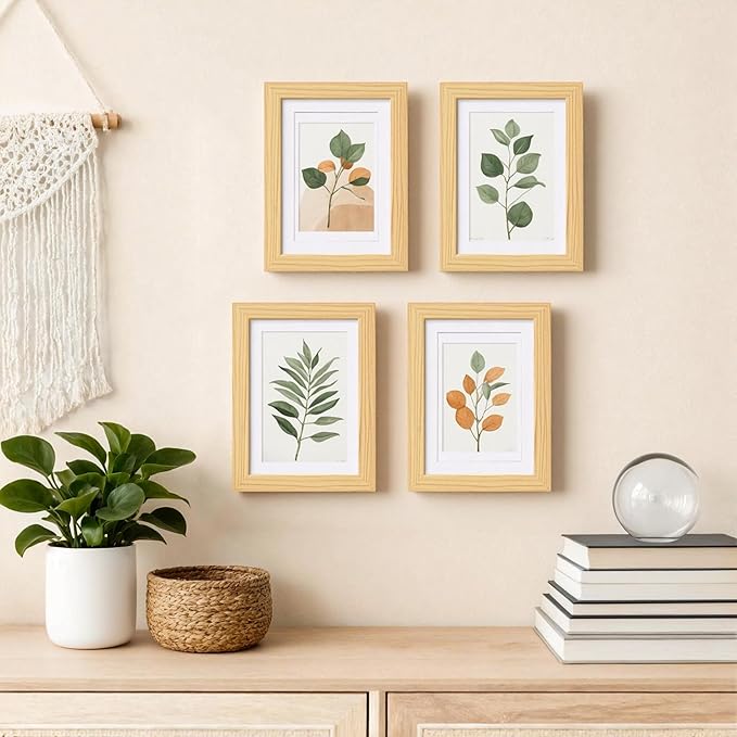 Egofine 5x7 Picture Frames Natural Wood Frames with Plexiglass, Display Pictures 3.5x5/4x6 with Mat or 5x7 Without Mat Set of 4 for Tabletop and Wall Mounting