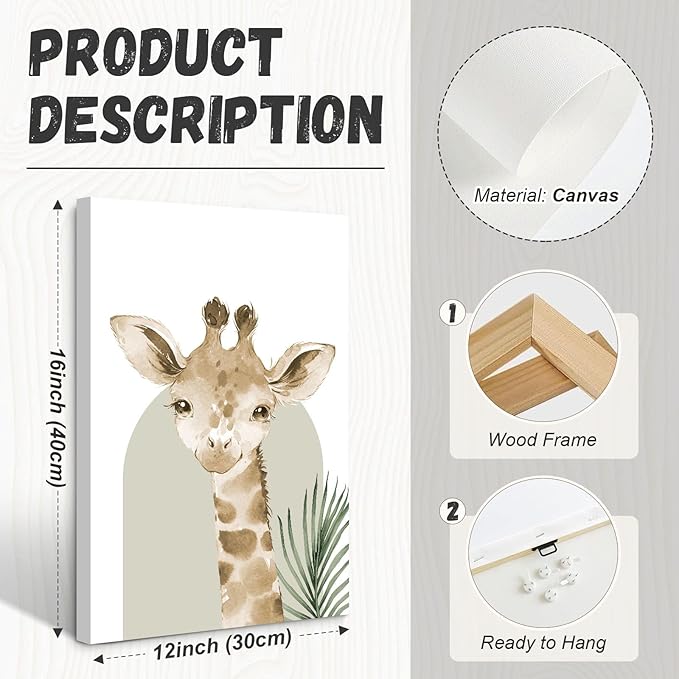 Animal Wall Art Pictures Baby Nursery Canvas Wall Art Decor Safari Animal Prints Jungle Kids Wall Art Woodland Nursery Wall Decor Giraffe Jungle Poster for Room 12x16 Inch Framed Set of 3