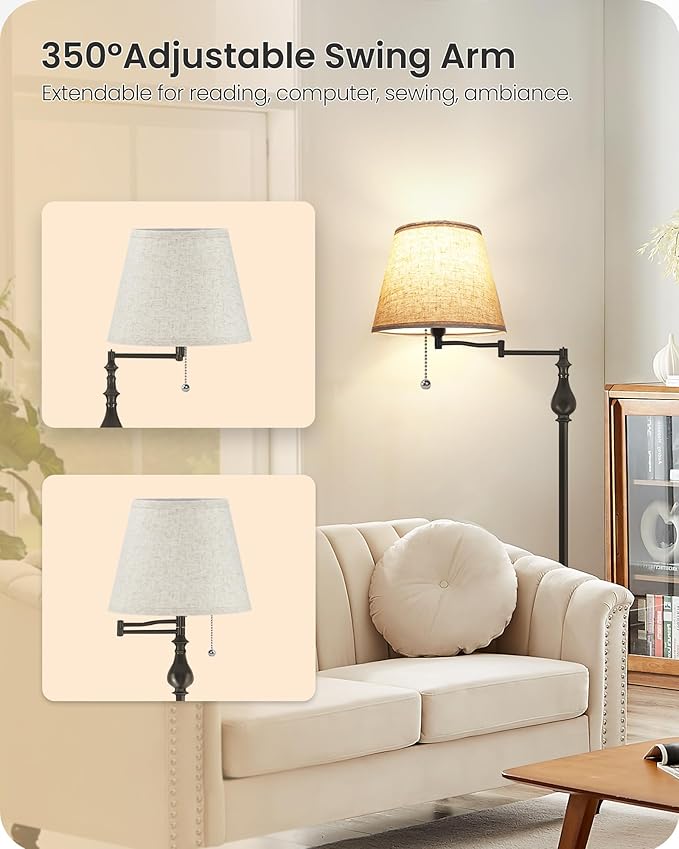 Vintage Floor Lamp with 350°Adjustable Swing Arm, 61” Mid-Century Modern Floor Lamp, Standing Pole Lamp with Pull Chain Switch, Antique Reading Lamp for Living Room, Bedroom, Office, Brown CE13LD05