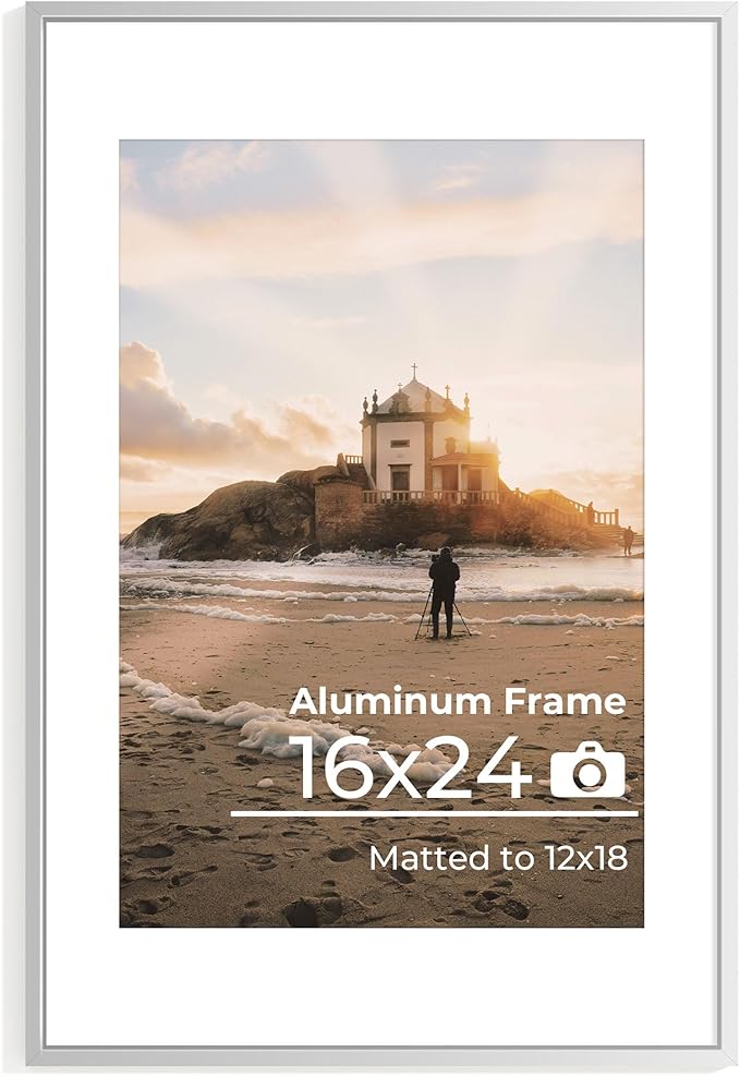 16x24 Metal Picture Frame, 16x24 Thin Aluminum Photo Frames with 12x18 Removable Mat, High End Metal Poster Frame, Ideal for Wall or Tabletop Display, Silver, Set of 1