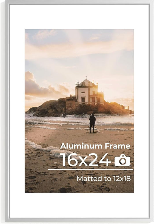 16x24 Metal Picture Frame, 16x24 Thin Aluminum Photo Frames with 12x18 Removable Mat, High End Metal Poster Frame, Ideal for Wall or Tabletop Display, Silver, Set of 1