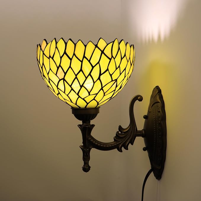 Tiffany Sconce Lamp Stained Glass Wall Lamp,8X10.5X11 Inch Plug in Wall Bedside Light for Hallway Bedroom (Yellow Wisteria)