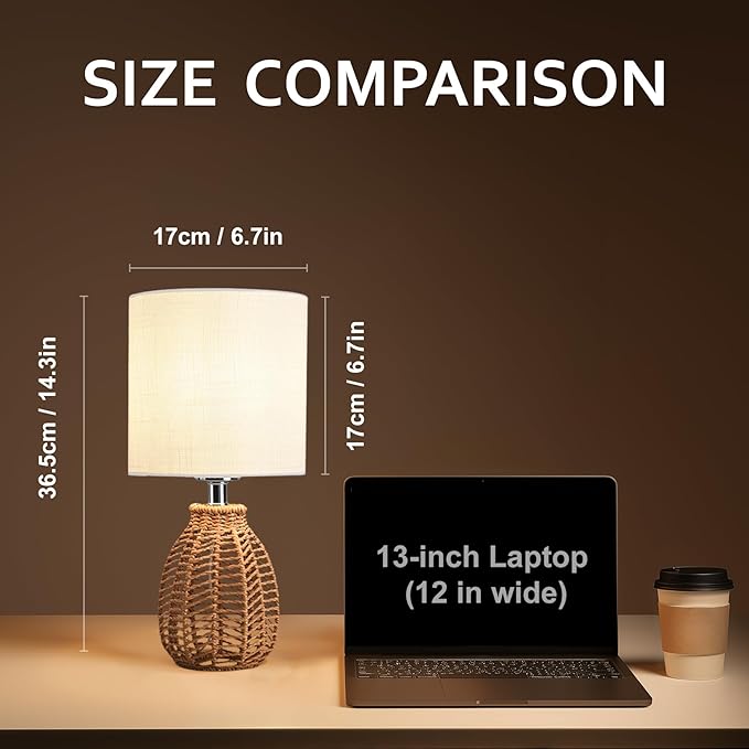 KUNJOULAM Rattan Table Lamp, Small Nightstand Lamp with Linen Fabric Lampshade, Desk Lamp Bedside Lamp for Living Room Home Office, Without Buld