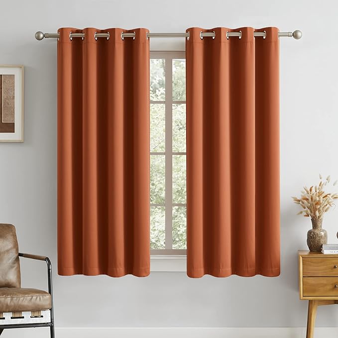 DUALIFE Terracotta Curtains-Rust Blackout Curtains for Small Windows 54 Inch Length Burnt Orange Solid Curtain Panels Thermal Insulated Grommet Short Room Darkening Curtains for Bedroom
