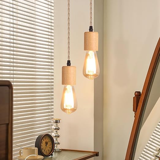 Arturesthome Wood Pendant Light Cord Kit with Switch, 9.8FT Vintage Industrial Hanging Light Plug in Lamp Cord with Twisted Nylon Rope Lights Socket E26 E27 for Farmhouse Lamp Cable Retro DIY