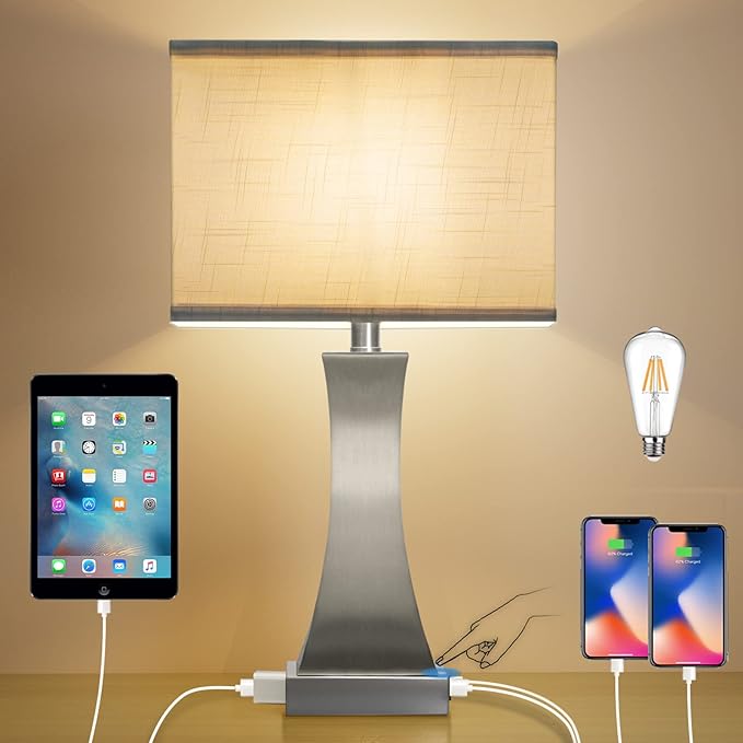 Table Lamp for Bedroom 3-Way Dimmable Touch Control Bedside Lamp with USB A+C Port & Outlet 21.6" Tall Nightstand Lamp for Living Room Bedroom Office and Hotel Bulb Included