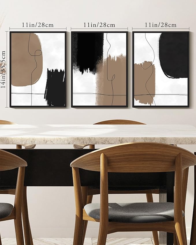KUVIOKE Neutral Abstract Framed Wall Art Beige Mid Century Textured Wall Decor Minimalist Line Modern Illustrations Art Print Home Decor 11x14in (Black Framed)