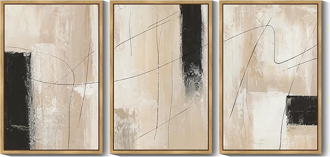 KUVIOKE Abstract Framed Wall Art Minimalist Beige Pastel Watercolor Neutral Wall Decor Modern Black Line Art Painting Home Decor 24x36in (Natural Framed)