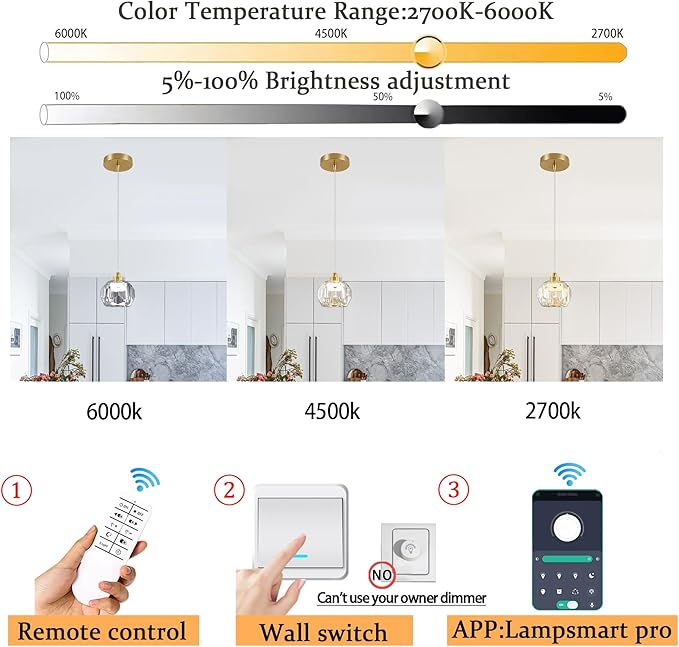 1-Light Gold Pendant Light Fixtures,Crystal Ball Chandelier for Entyway Bedroom Dimmable Pendant Light Kitchen Island 5W