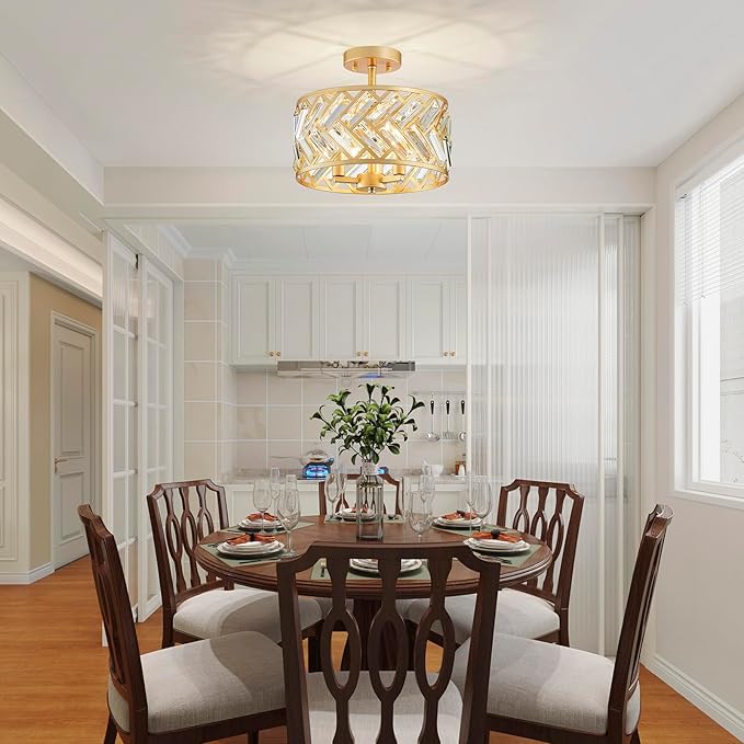 Shrine Lighting Crystal Ceiling Light, Gold Crystal Chandelier for Living Room, D12.4'' x H11.2'', E12*3 Sockets, Ctystal Lampshade & Gold Finish Frame