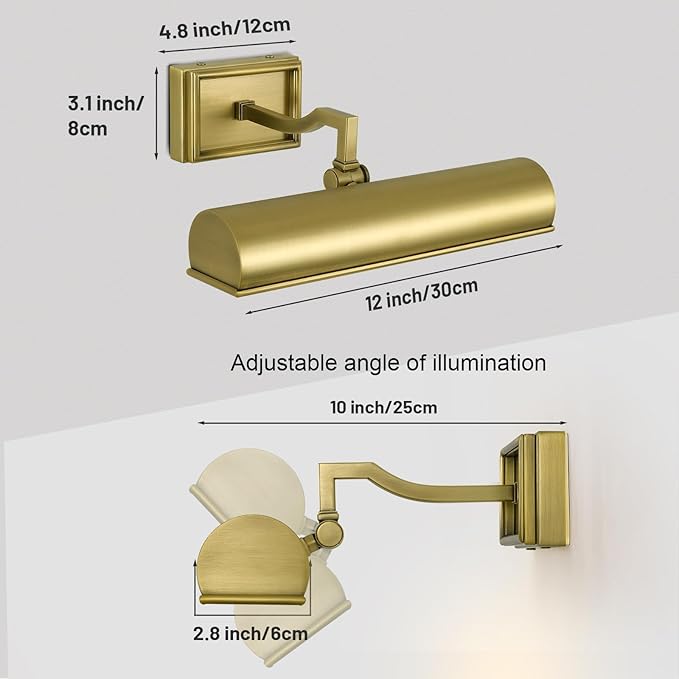 Picture Light 12" Brass Picture Lights for Wall 2-Light Gold Picture Frame Light Dimmable Art Gallery Light Accent Lighting Bathroom Wall Sconce for Artwork Poster Portrait Library Display