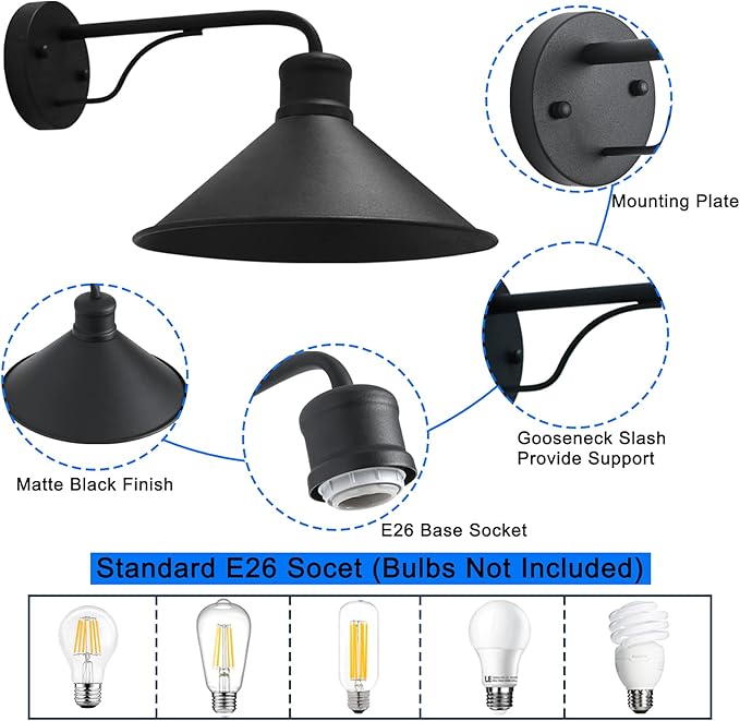 1 Pack Outdoor Wall Lights Wall Mount for House, Front Porch Wall Light Fixtures Wall Mount, Farmhouse Wall Sconce, Classic Barn Lights Outdoor & Indoor-E26 Socket