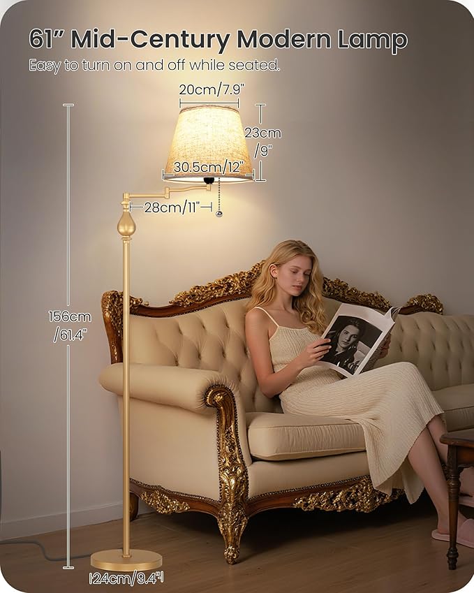 Vintage Floor Lamp with 350°Adjustable Swing Arm, 61” Mid-Century Modern Floor Lamp, Farmhouse Standing Pole Lamp, Antique Reading Lamp for Living Room, Bedroom, Office, Linen Shade, Gold DE13LD05
