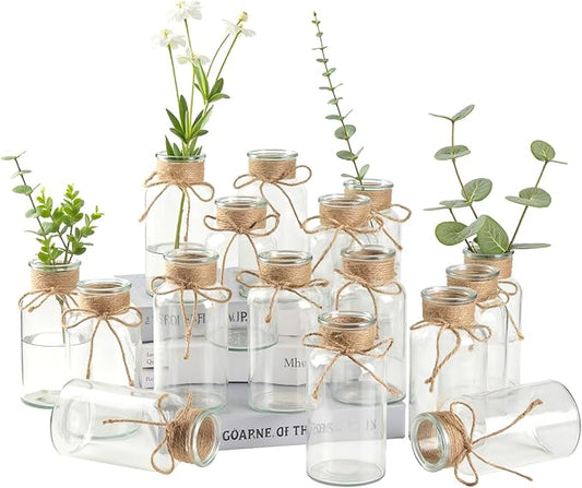 Vintage Glass Flower Vase Bulk 16 Pack Farmhouse Transparent Centerpiece Vases with Hemp Rope Mason Jars for Weddings Parties Dining Table Home Decor（Large）