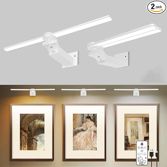 2 Pack Picture Light for Wall, 18in Rechargeable Wall Art Light with Timer and Dimmable, Painting Frame Light with Remote Control Display for Painting, Frame, Portrait, Dartboard(White)
