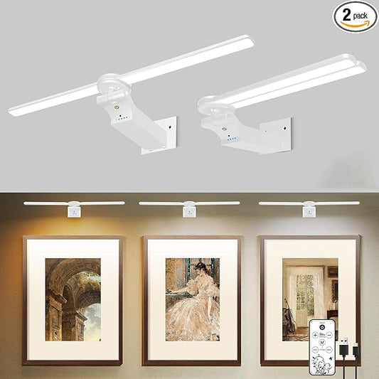 2 Pack Picture Light for Wall, 18in Rechargeable Wall Art Light with Timer and Dimmable, Painting Frame Light with Remote Control Display for Painting, Frame, Portrait, Dartboard(White)
