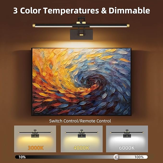 24“ Picture Lights for Wall Battery Operated, Wireless Picture Lights with Remote, Rechargeable Wall Light 3000K/4000K/6000K Dimmable, Art Lighting for Paintings Frame Gallery Dartboard, Black Gold