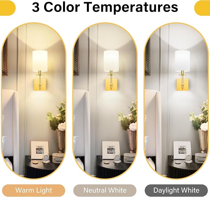 14.5 Inch Wall Sconces Battery Operated Set of 2, Rechargeable Wireless Wall Sconces Lights with Remote, Not Hardwired Dimmable Gold Wall Lamps with White Fabric Shade for Bedroom, 2 Bulbs Included