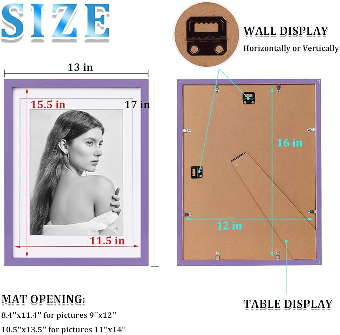 Egofine 12x16 Picture Frames 4PCS Covered by Plexiglass, Made of Solid Wood, Display Pictures 9x12/11x14 with Mat or 12x16 Without Mat for Wall Mounting, Purple